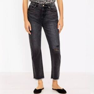 Loft The Straight Crop Black Distressed High Rise Jeans Size 6/28